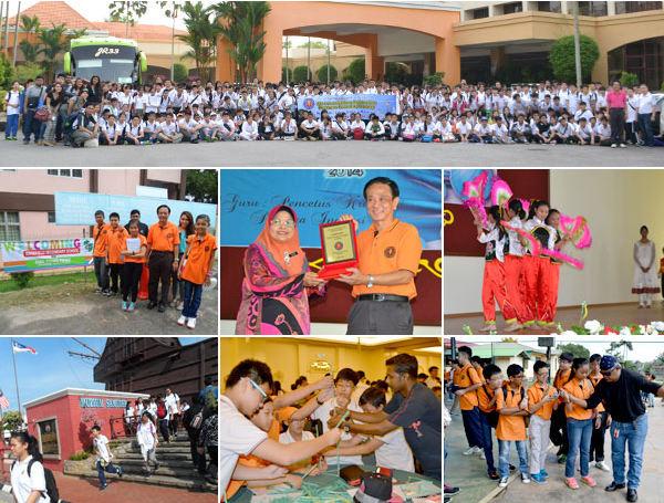 A collage of students in orange shirts on a school trip, including group photos, an award ceremony, dancers, and outdoor activities.